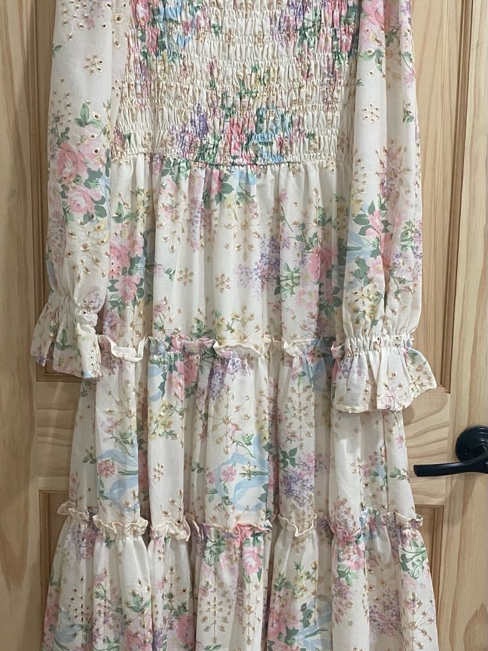 Cream Floral Smocked Long Sleeve Maxi Dress